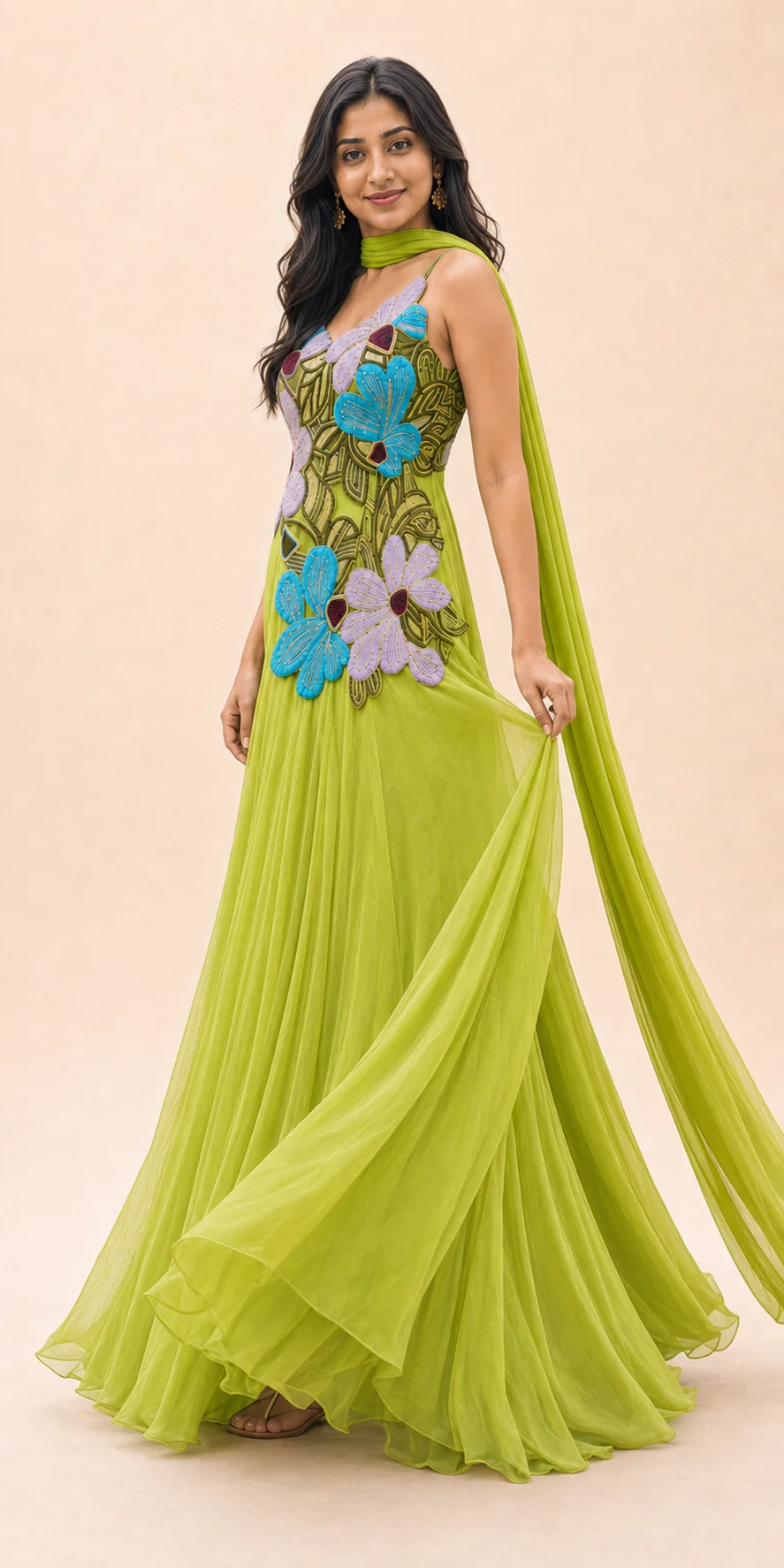 Lime Green Gown with Floral Appliqué — 1