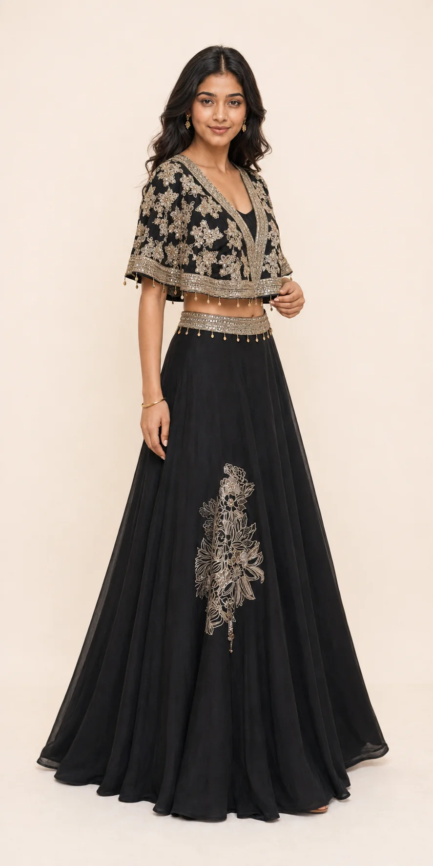 Black Cape Lehenga with Gold and Silver Embroidery — 1
