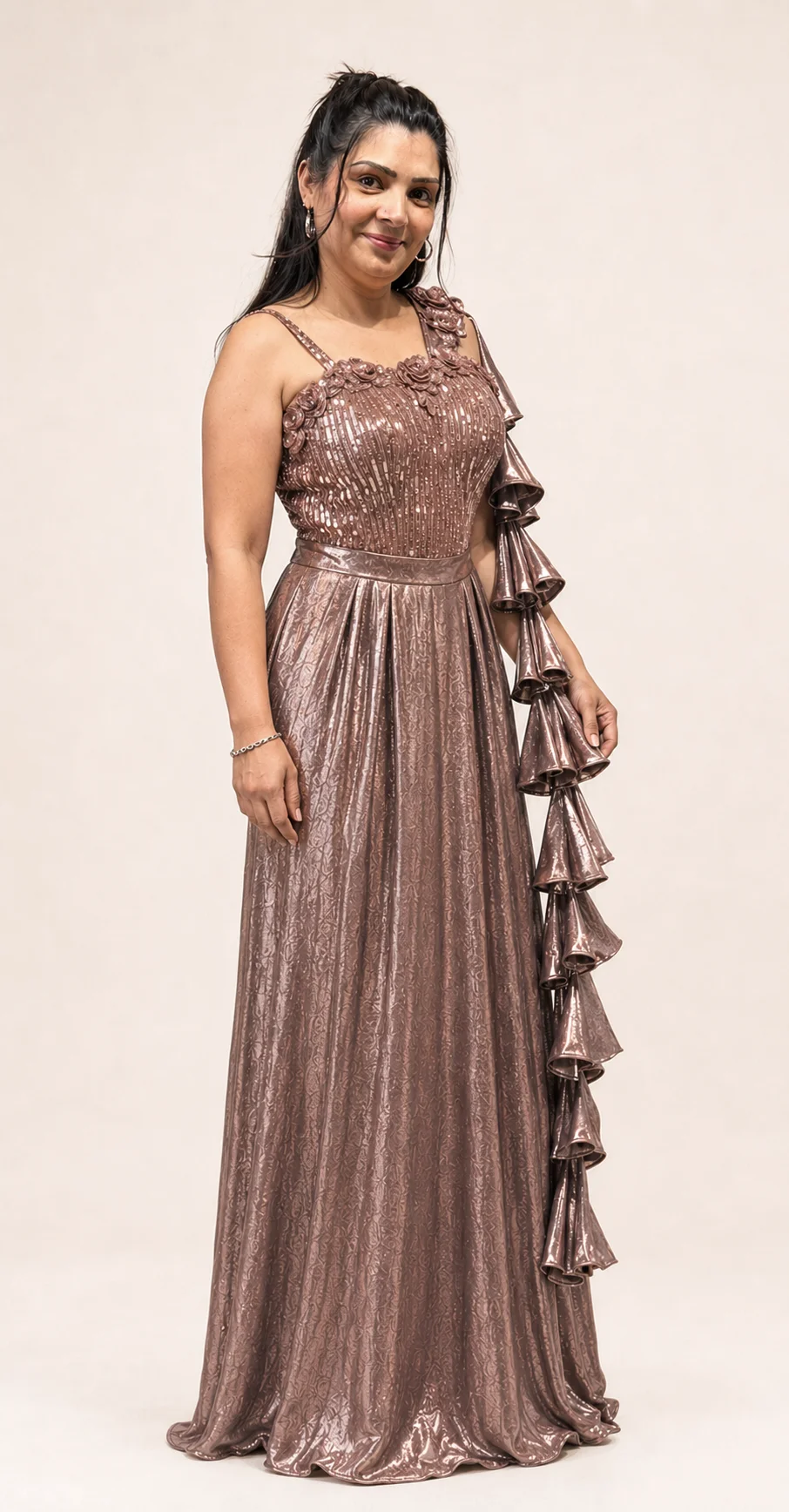 Floor-Length Rosé Metallic Gown with Ruffle — 1
