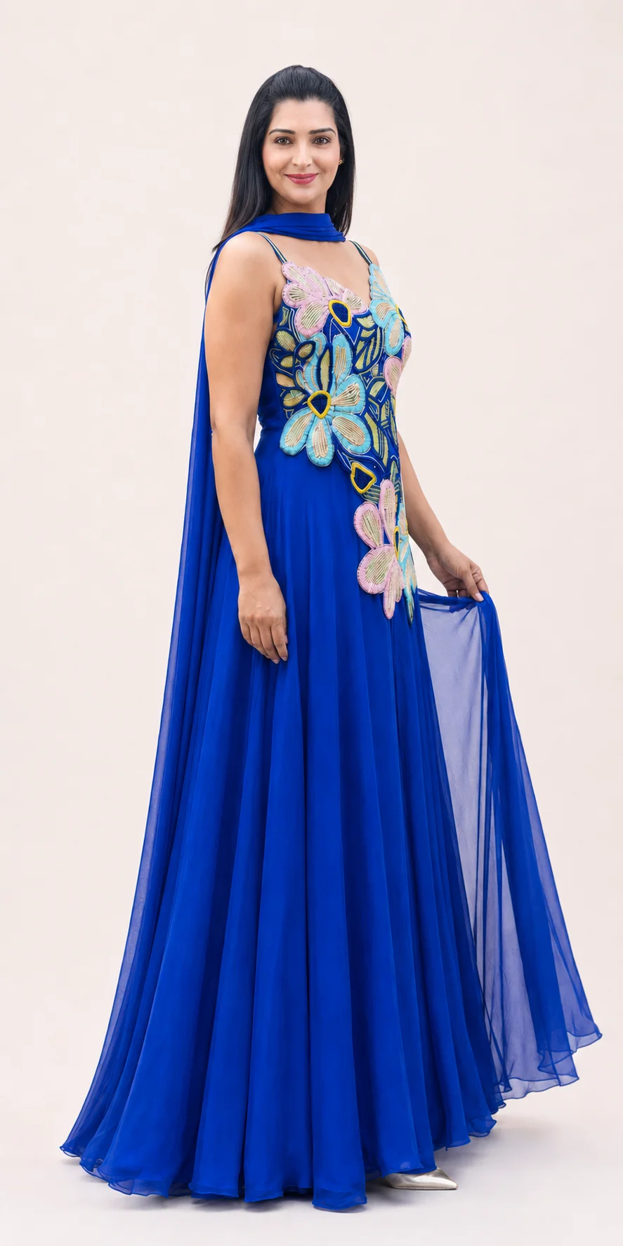 Royal Blue Gown with Floral Appliqué — 1