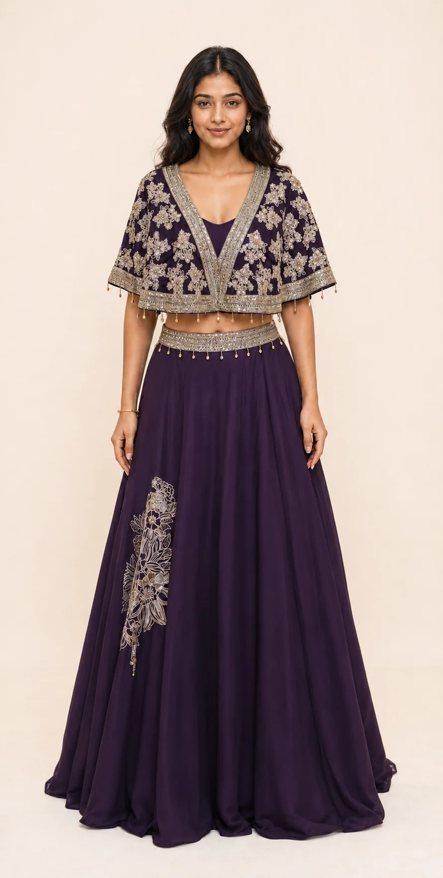 Aubergine Cape Lehenga with Gold and Silver Embroidery — 1