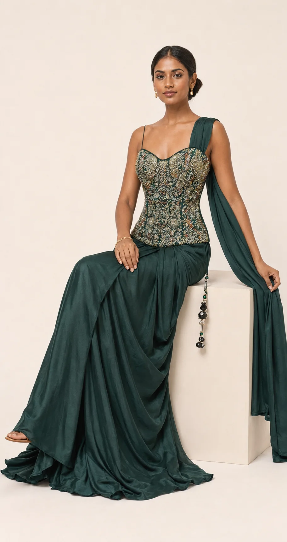 Dark Green Satin Ensemble with Gold Embroidery — 1