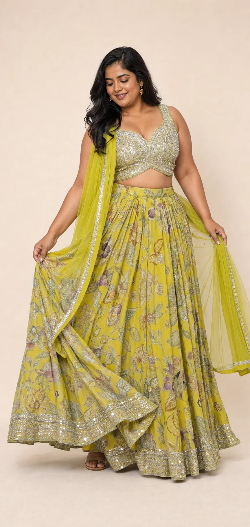 Chartreuse Lehenga with Silver Embroidery — 1